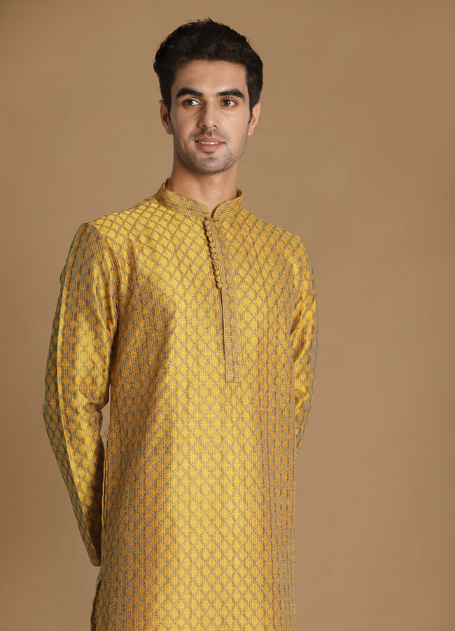 alt message - Manyavar Men Molten Gold Yellow Jacquard Kurta Set image number 0